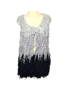 Patchington Gray Blue Knit Sweater Vest Sz L/XL Fringes Artsy Boho Open Cardigan